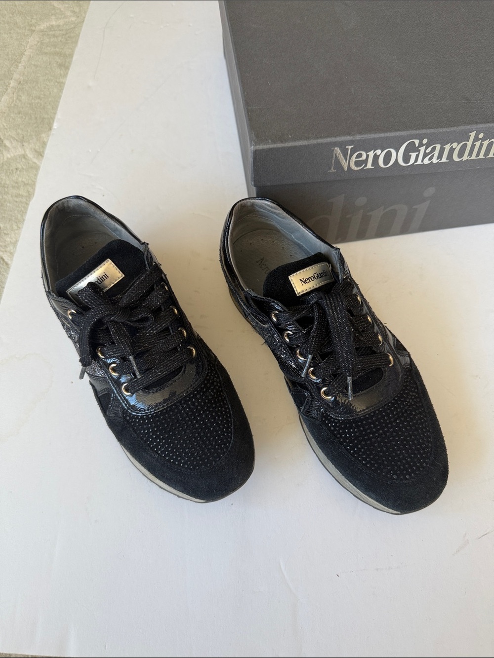Nero Giardini Black Suede & Patent Low-Top Sneakers